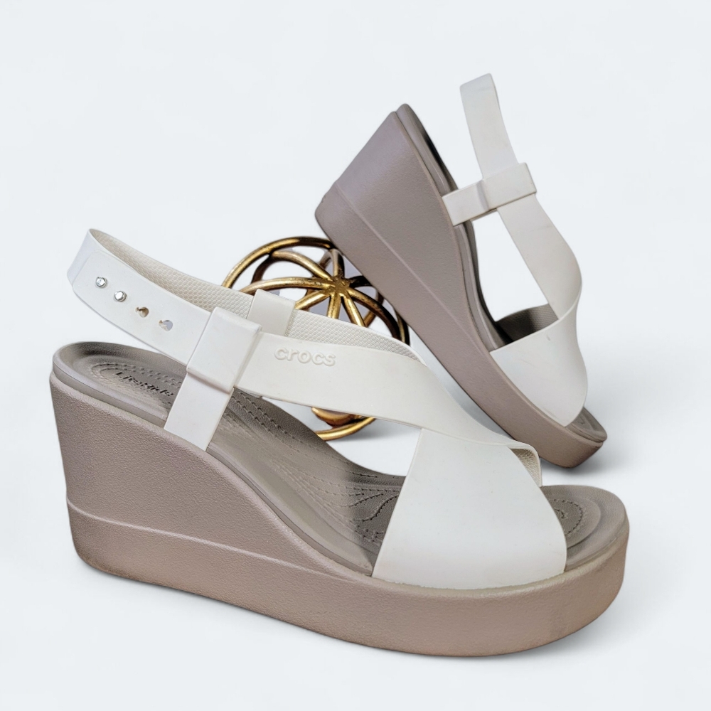 CROCS White and Tan Wedge Sandals